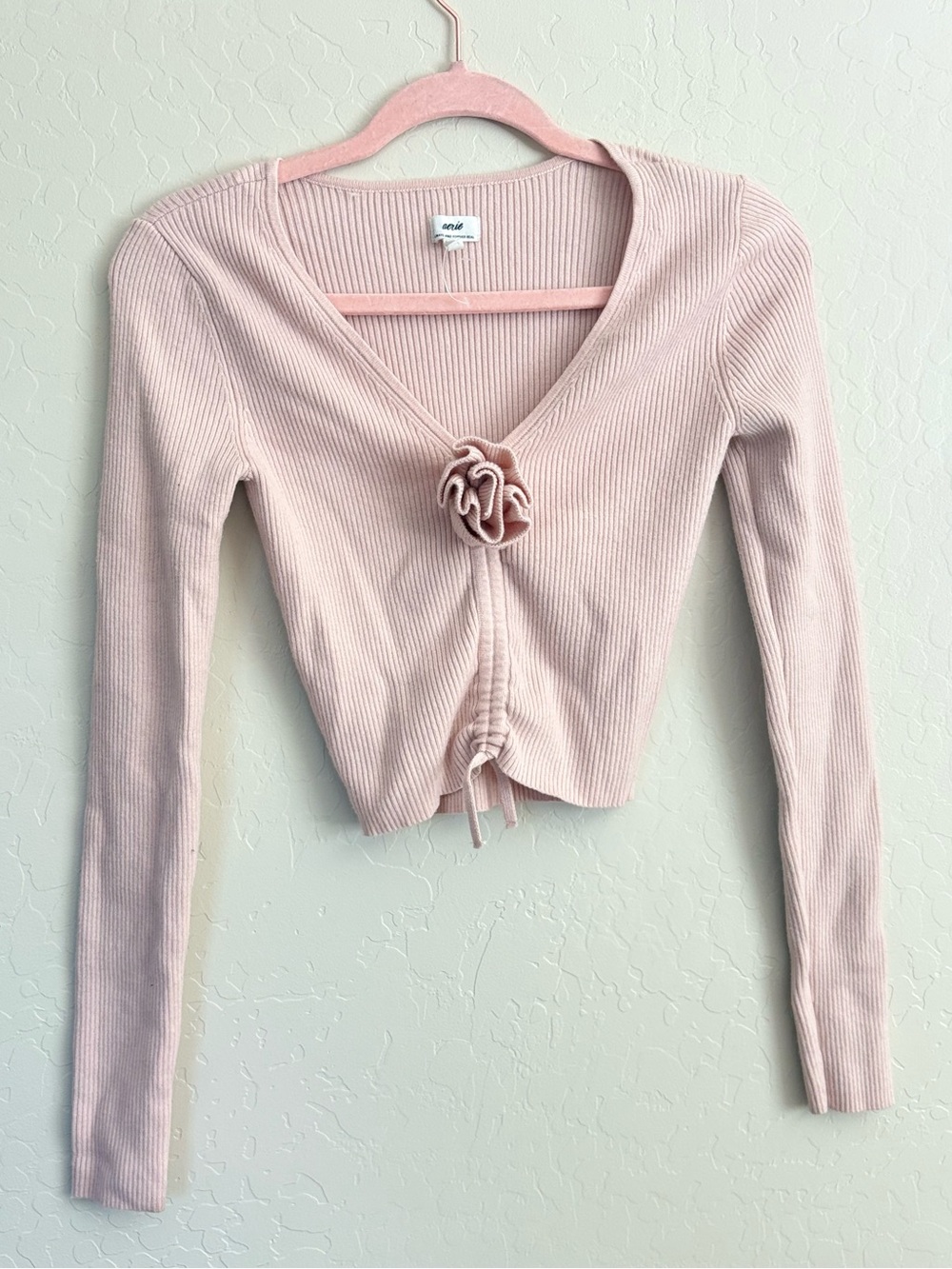 Aerie Pink Ribbed Cinched Rosette Crop Sweater Top XS NWOT balletcore coquette
